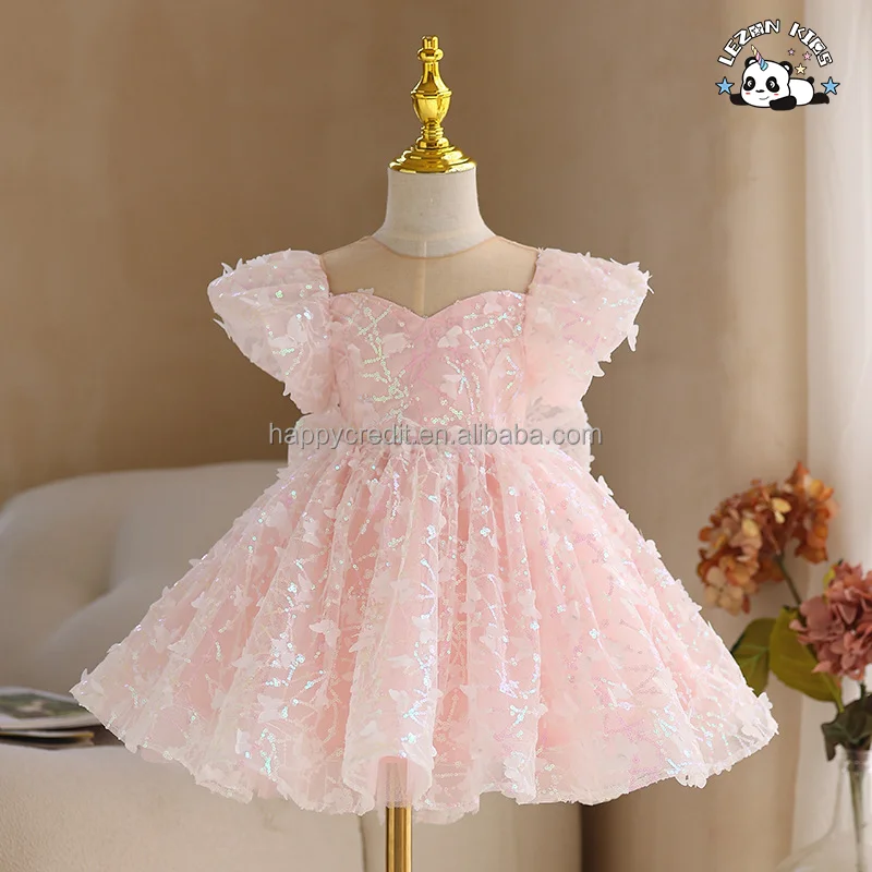 LEZONKIDS - Customizable Ins Customized Shiny Solid Butterfly Flying Sleeve Girls Sequin Tulle Dress for Summer